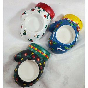 3 Mary Engelbreit Christmas Mitten Candle Holders 3.75" tealights votive vintage